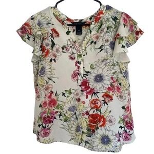 Investments Petites Floral Ruffle Sleeve Blouse Top Size PS